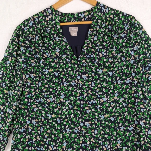 Chico's Sheer Ditsy Floral Career Wear Blouse 2 / Large Navy Blue Green - Picture 3 of 14